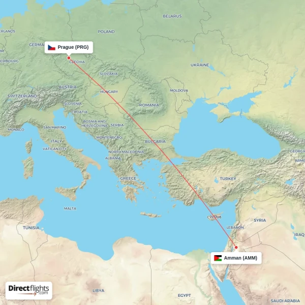 Amman - Prague direct flight map