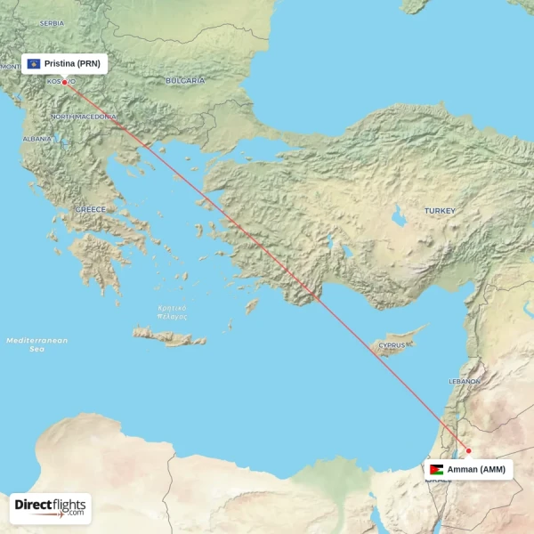 Amman - Pristina direct flight map