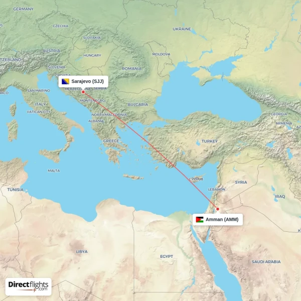 Amman - Sarajevo direct flight map