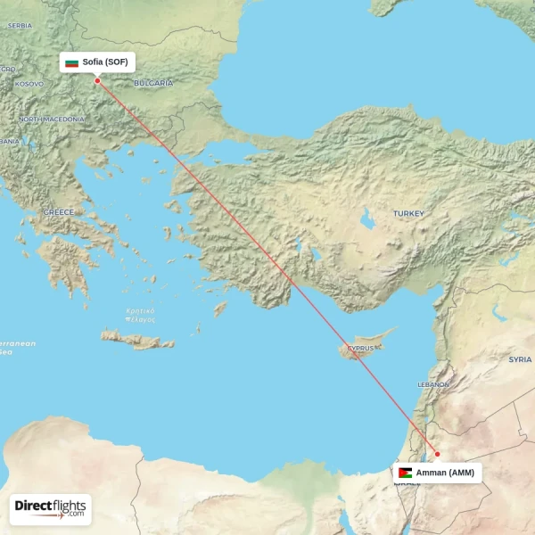 Amman - Sofia direct flight map