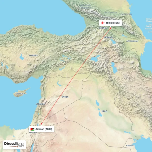 Amman - Tbilisi direct flight map