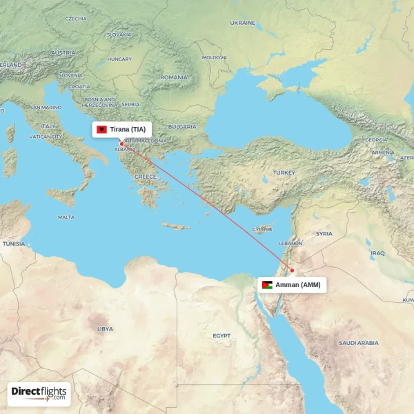 Amman - Tirana direct flight map