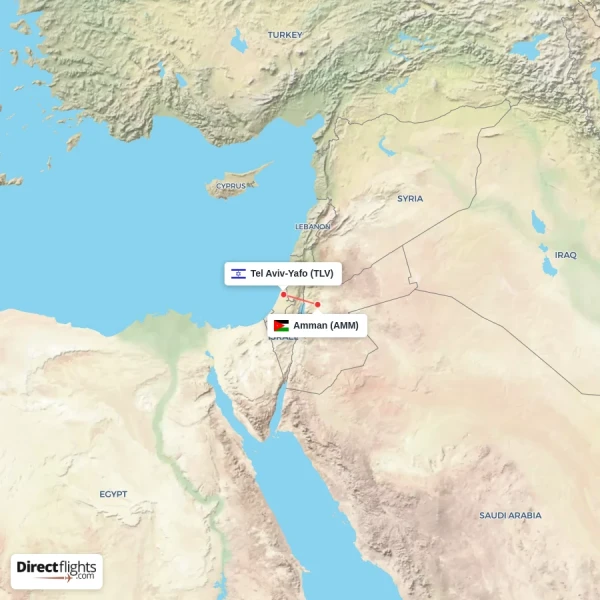 Amman - Tel Aviv-Yafo direct flight map