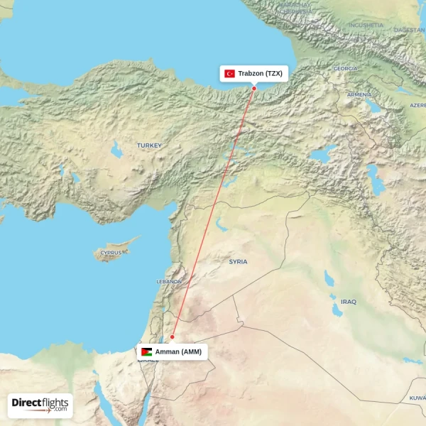 Amman - Trabzon direct flight map