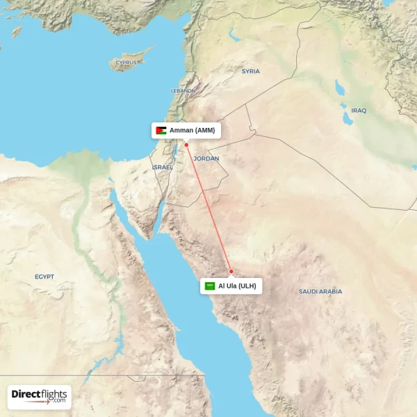 Amman - Al Ula direct flight map