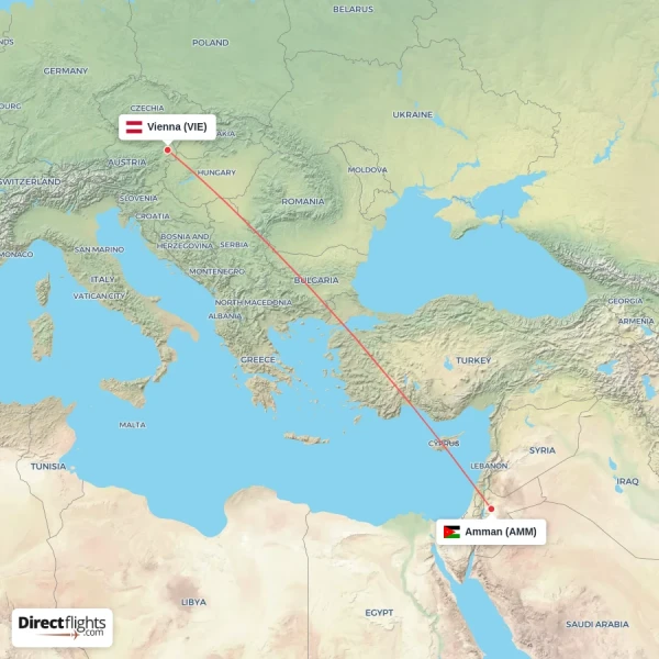 Amman - Vienna direct flight map