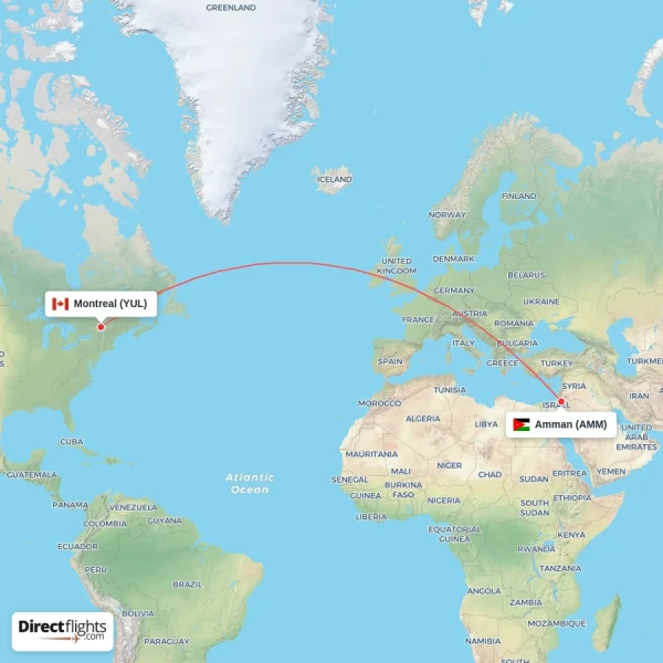 Amman - Montreal direct flight map