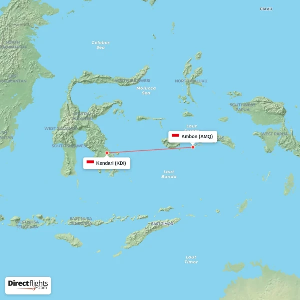 Ambon - Kendari direct flight map