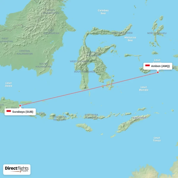 Ambon - Surabaya direct flight map