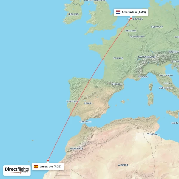 Amsterdam - Lanzarote direct flight map