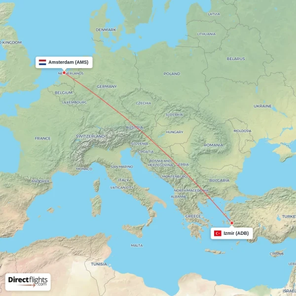 Amsterdam - Izmir direct flight map