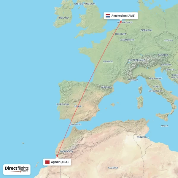 Amsterdam - Agadir direct flight map