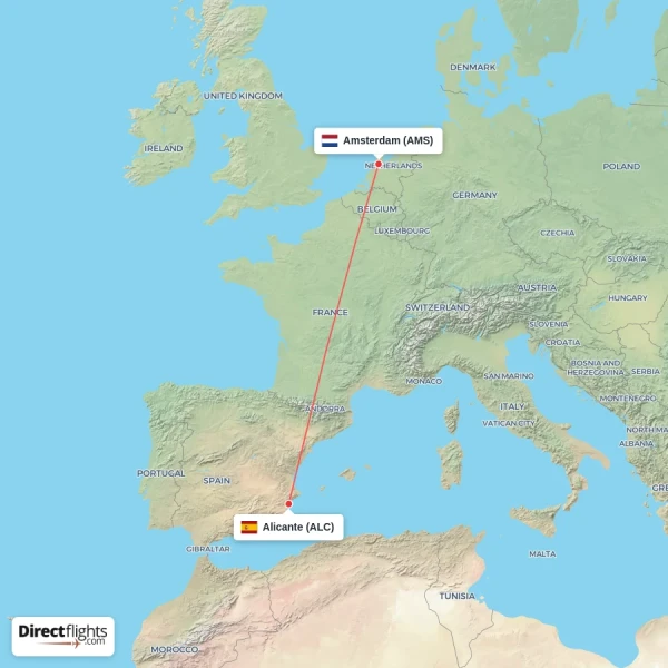 Amsterdam - Alicante direct flight map