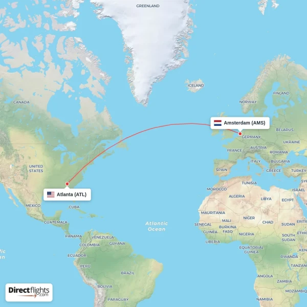 Amsterdam - Atlanta direct flight map