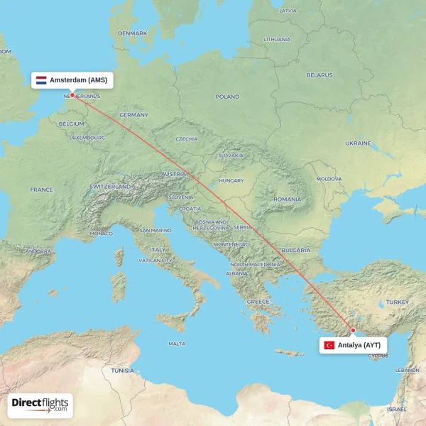 Amsterdam - Antalya direct flight map