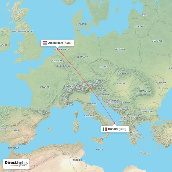 Amsterdam - Brindisi direct flight map