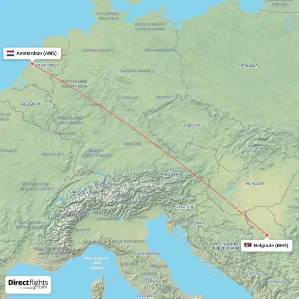 Amsterdam - Belgrade direct flight map