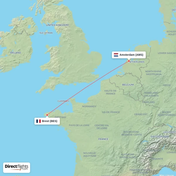 Amsterdam - Brest direct flight map
