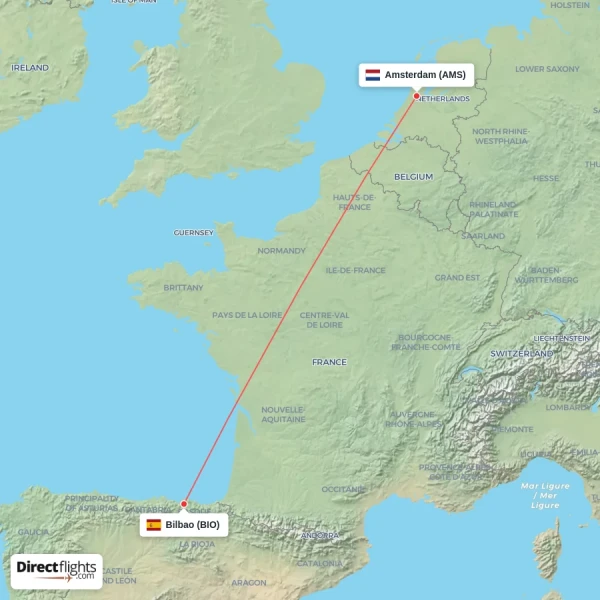 Amsterdam - Bilbao direct flight map