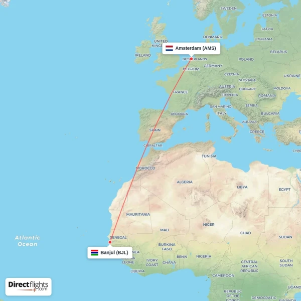 Amsterdam - Banjul direct flight map