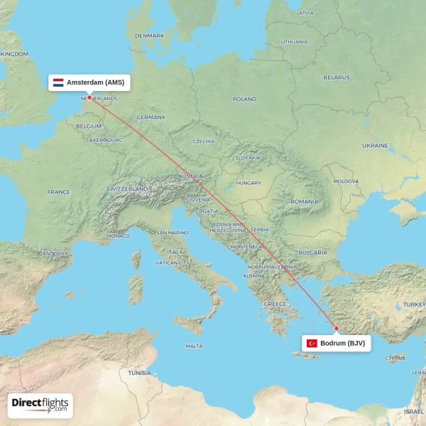 Amsterdam - Bodrum direct flight map