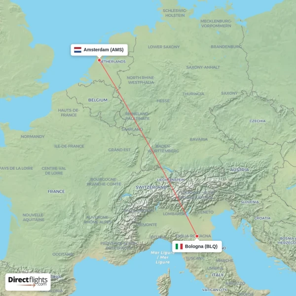 Amsterdam - Bologna direct flight map