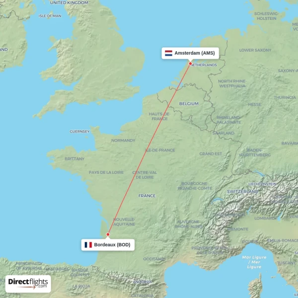 Amsterdam - Bordeaux direct flight map