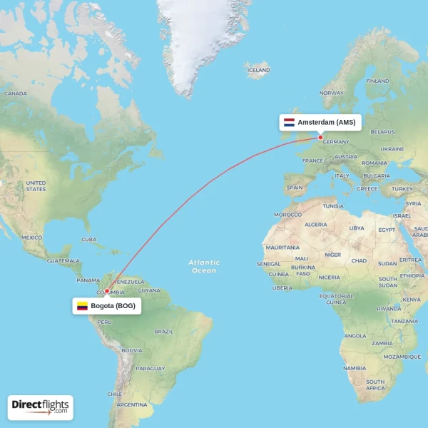 Amsterdam - Bogota direct flight map
