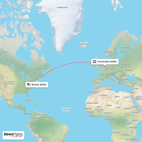 Amsterdam - Boston direct flight map