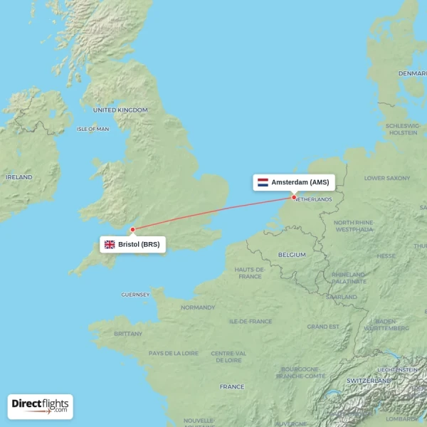 Amsterdam - Bristol direct flight map