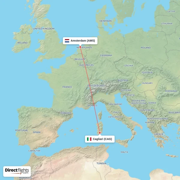 Amsterdam - Cagliari direct flight map