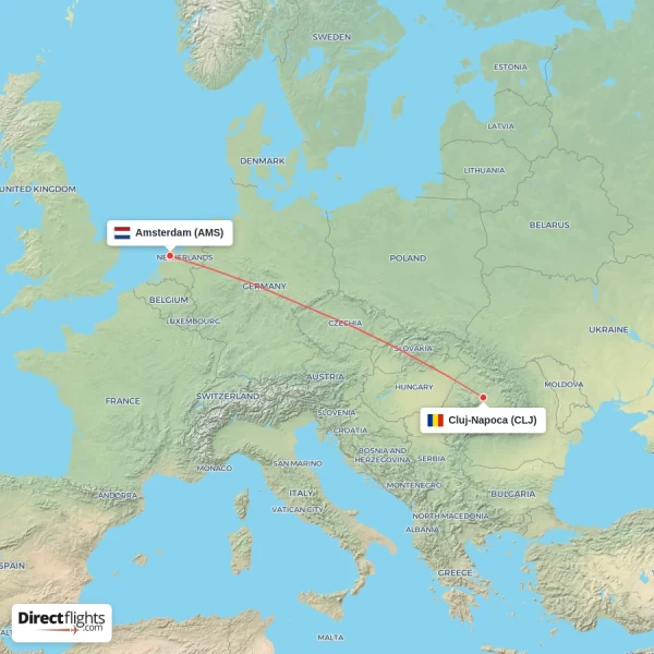 Amsterdam - Cluj-Napoca direct flight map