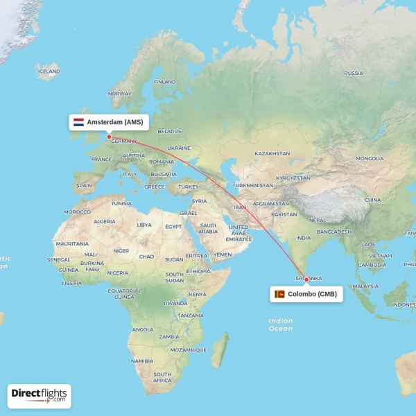 Amsterdam - Colombo direct flight map