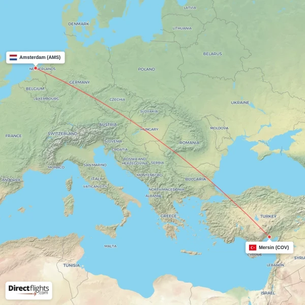 Amsterdam - Mersin direct flight map