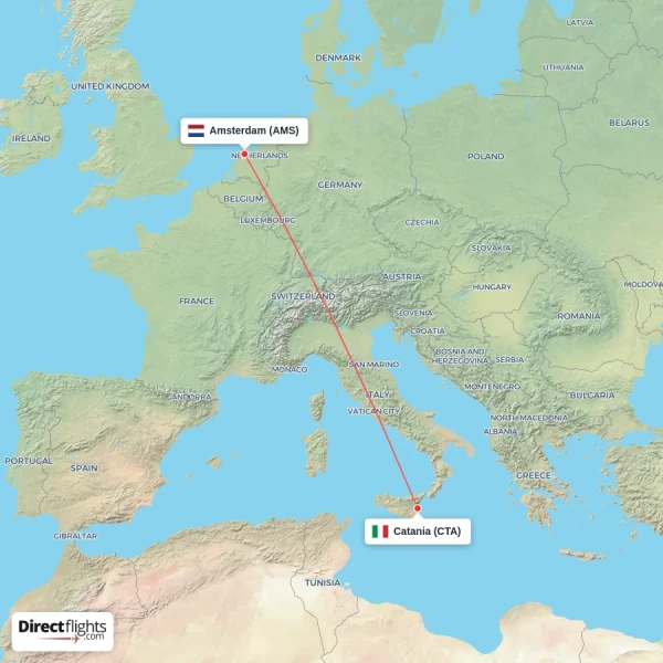 Amsterdam - Catania direct flight map