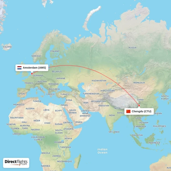 Amsterdam - Chengdu direct flight map