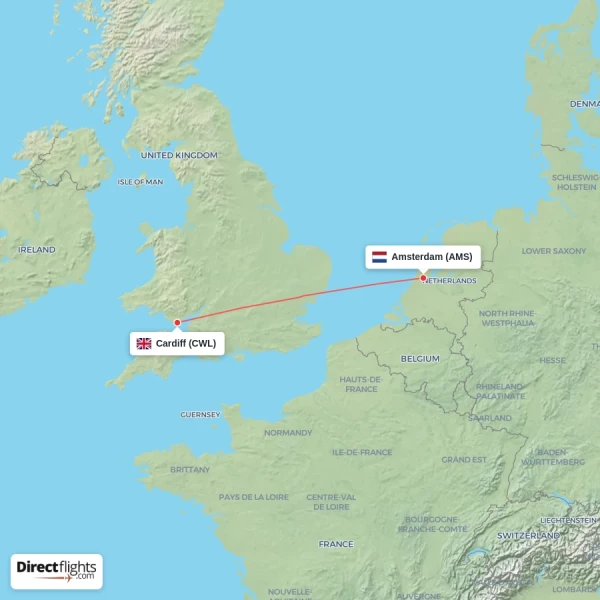Amsterdam - Cardiff direct flight map
