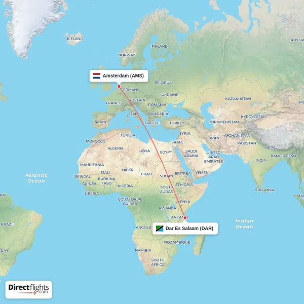Amsterdam - Dar Es Salaam direct flight map