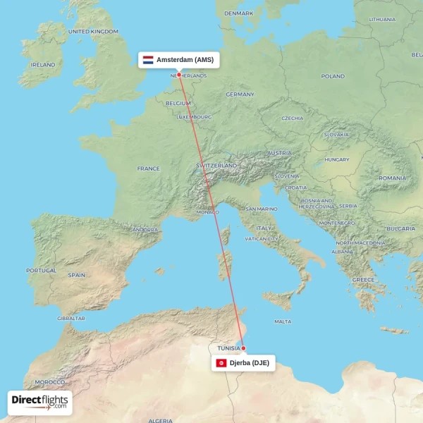 Amsterdam - Djerba direct flight map