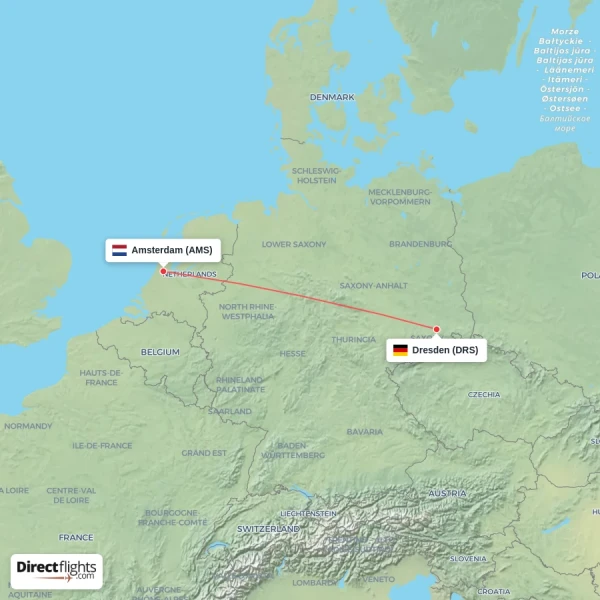 Amsterdam - Dresden direct flight map