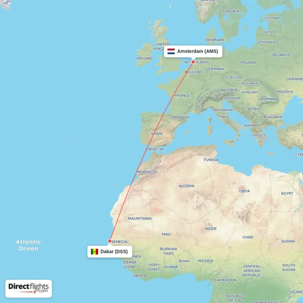 Amsterdam - Dakar direct flight map