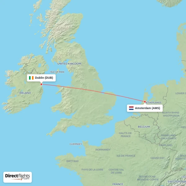 Amsterdam - Dublin direct flight map