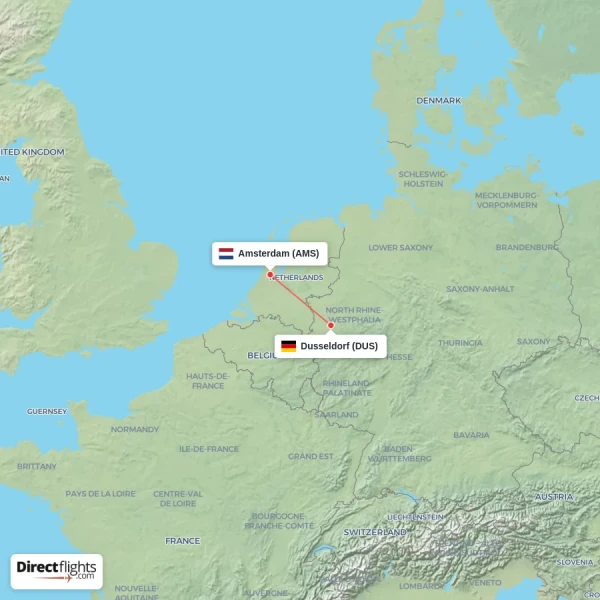 Amsterdam - Dusseldorf direct flight map