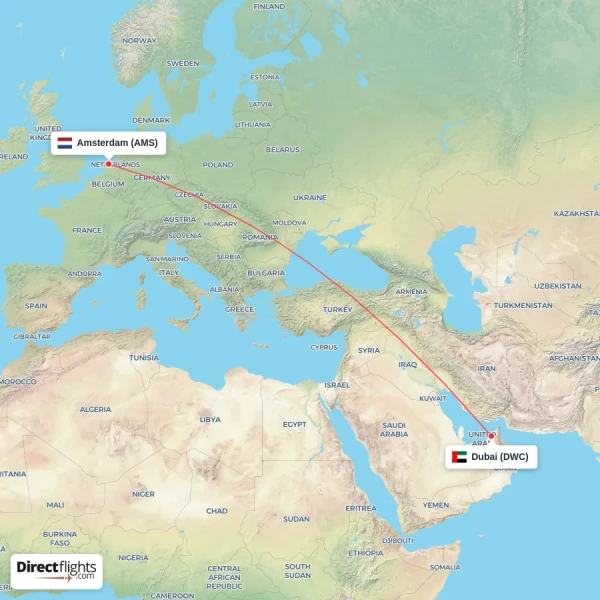 Amsterdam - Dubai direct flight map
