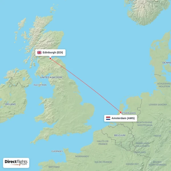 Amsterdam - Edinburgh direct flight map