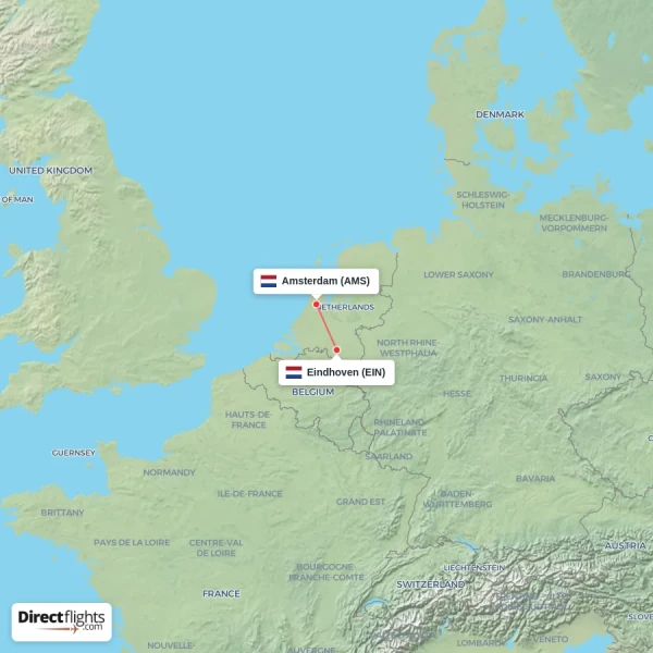 Amsterdam - Eindhoven direct flight map