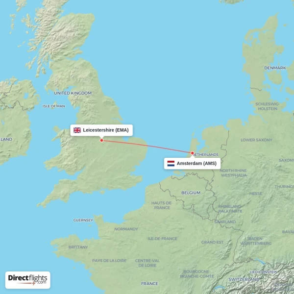 Amsterdam - Leicestershire direct flight map