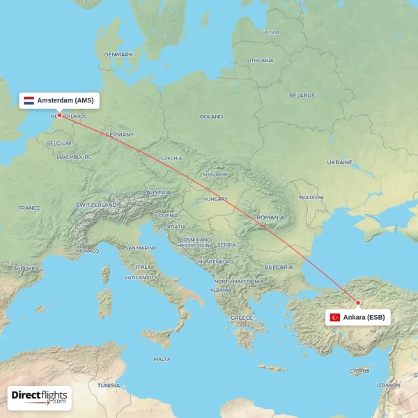 Amsterdam - Ankara direct flight map