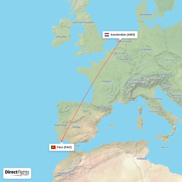 Amsterdam - Faro direct flight map
