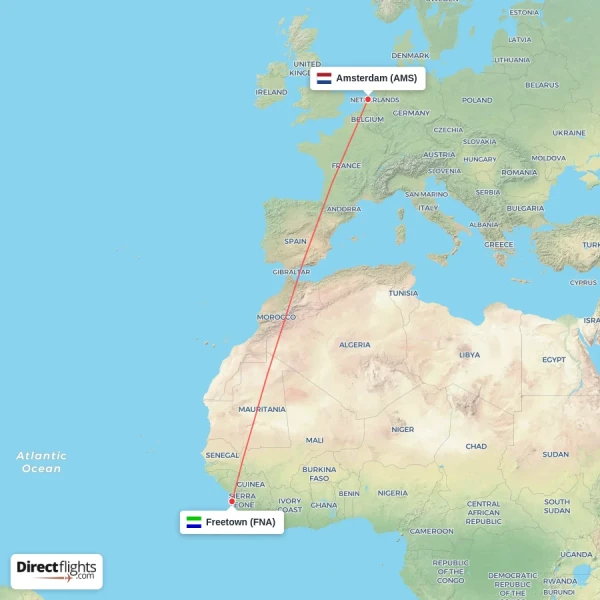 Amsterdam - Freetown direct flight map